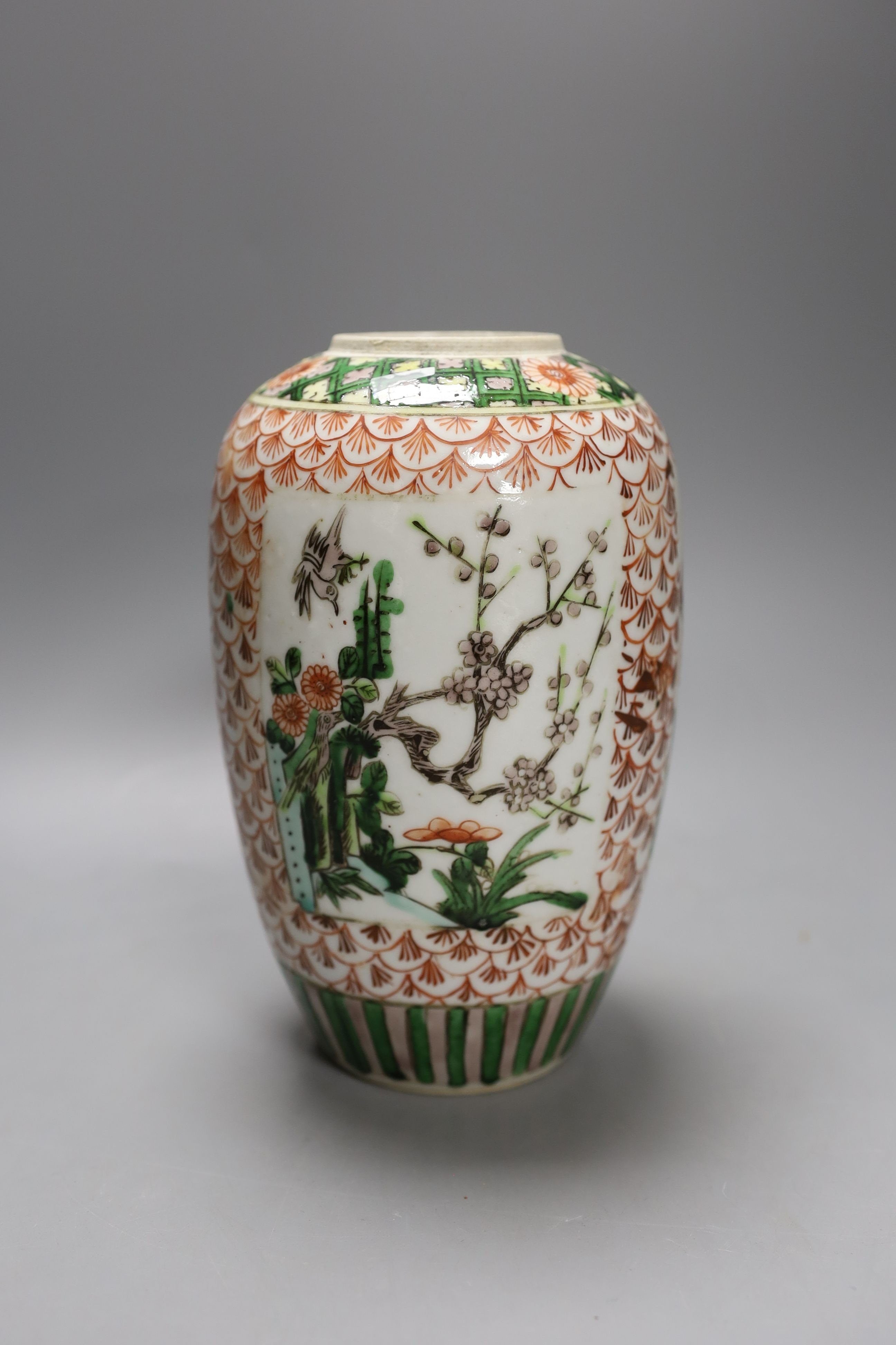 A Chinese famille verte ovoid jar, late 19th century, 19.5cm tall